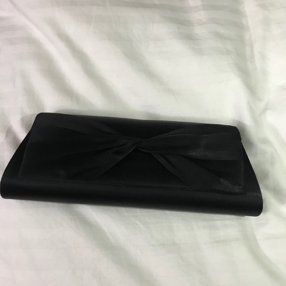 Black satin clutch bag with bow